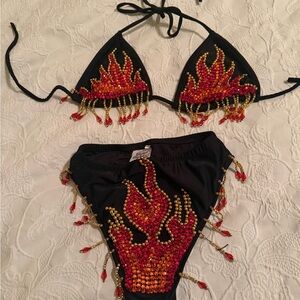 Magical Wonderland Beaded black and red flame bikini set